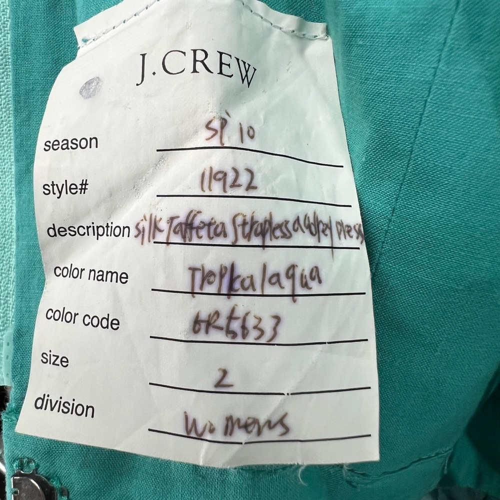 J Crew Audrey Dress Women 2 Green‎ Aqua Silk Tafetta Strapless Ruffle Cocktail - Picture 13 of 15